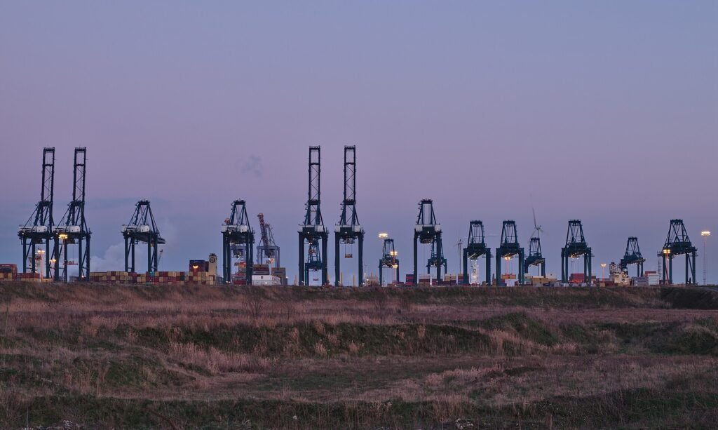 Container cranes at the Port of Antwerp, one of Europe's largest ports.