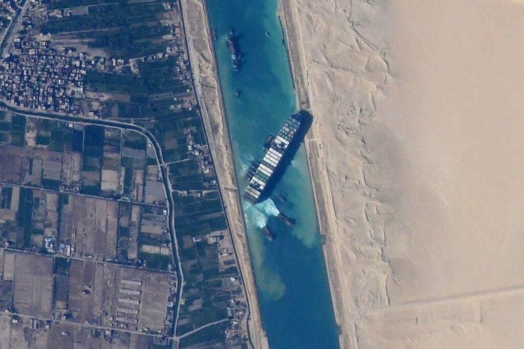 The container ship Ever Given blocking the Suez Canal in March 2021, photographed from the International Space Station.