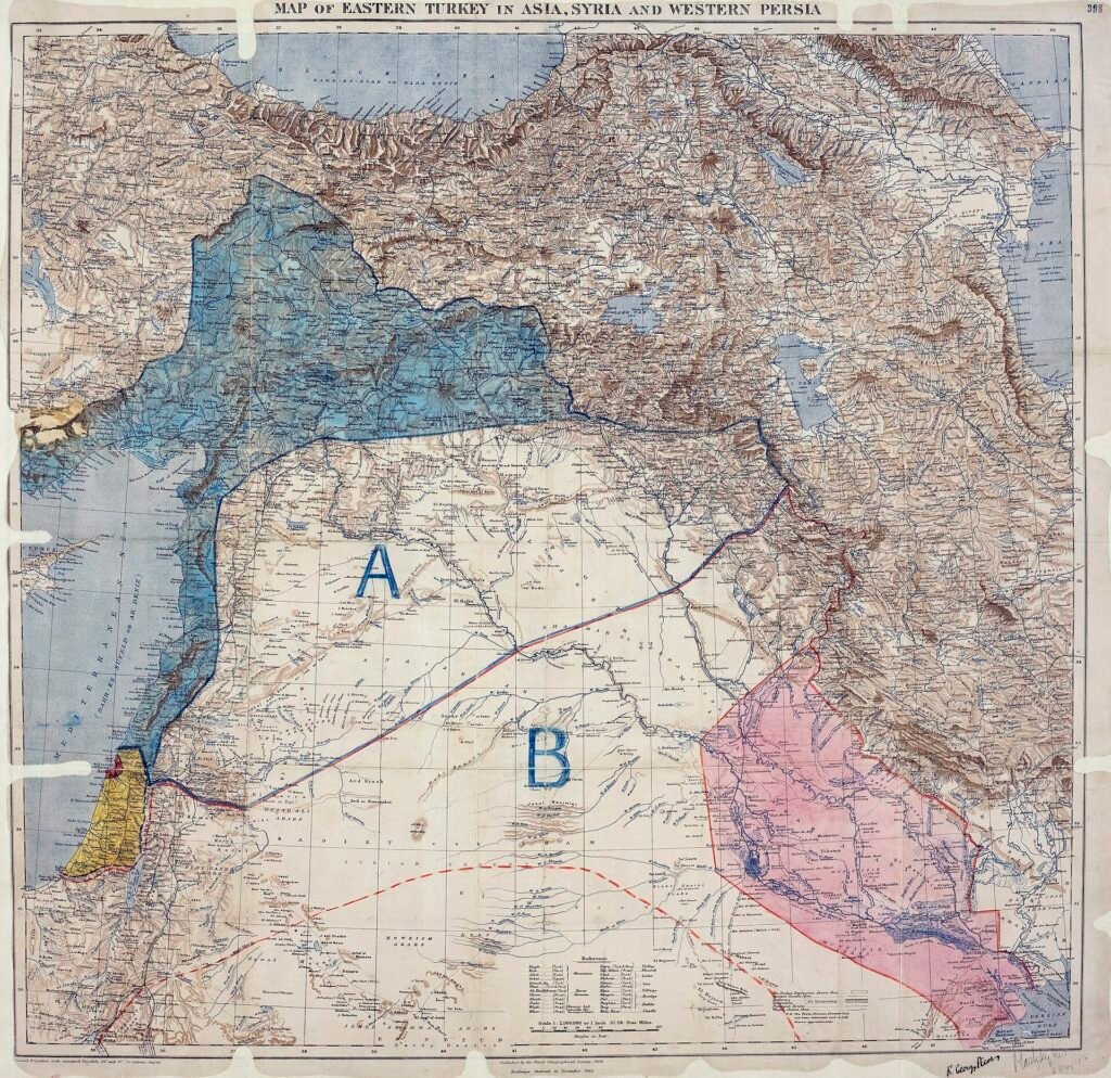 The Sykes-Picot map of 1916, dividing Ottoman lands into British and French zones of influence.