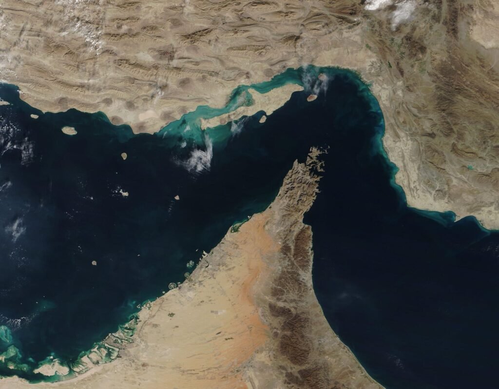 The Strait of Hormuz seen from orbit. At its narrowest it is about 33 kilometers (21 miles) wide.