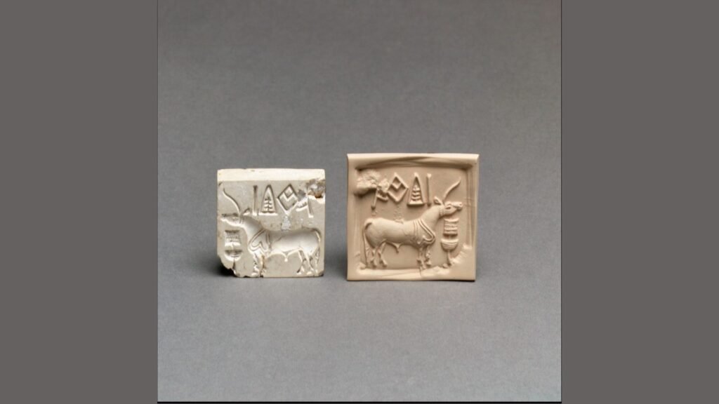 Indus stamp seal with a unicorn and five script signs, beside its modern clay impression